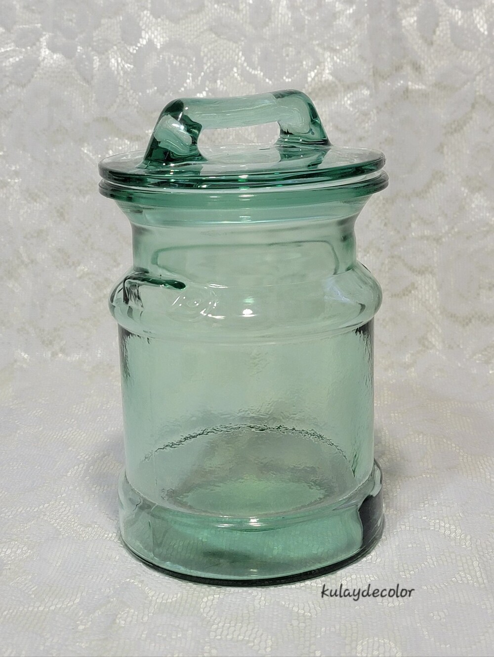 Vintage Green Glass Cookie Jar Canister Storage Jar w/ Lid Recycled Glass Style - Picture 5 of 16
